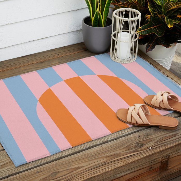Striped Archway Bold Color Block Pattern in Pink, Orange, and Baby Blue Outdoor Rug Gallery Image 2