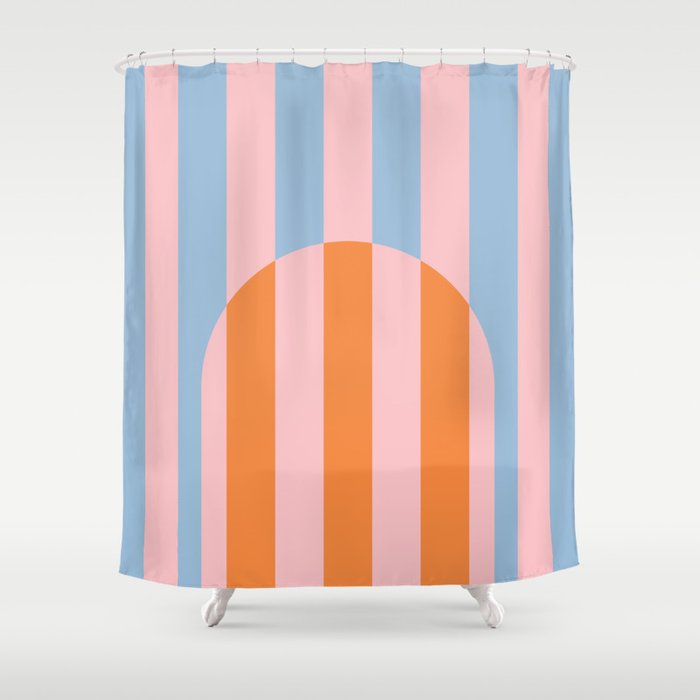 Striped Archway Bold Color Block Pattern in Pink, Orange, and Baby Blue Shower Curtain Gallery Image 1
