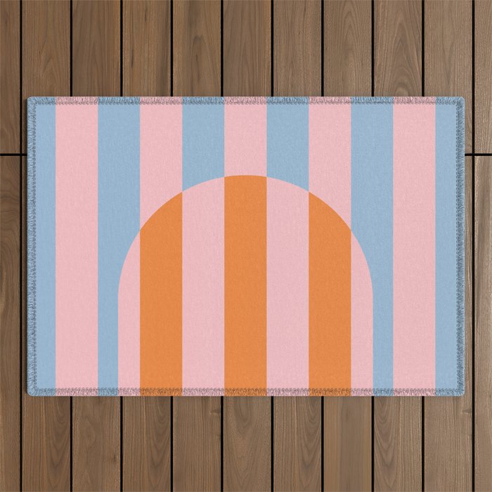 Striped Archway Bold Color Block Pattern in Pink, Orange, and Baby Blue Outdoor Rug Gallery Image 1