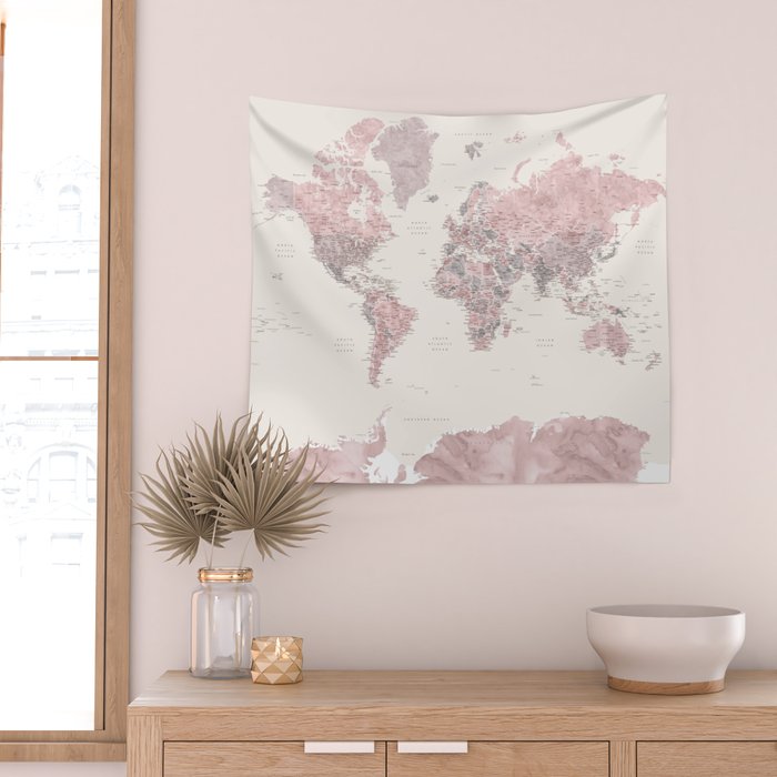 Dusty pink and cream watercolor detailed world map Madelia Wall Tapestry Gallery Image 2