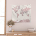 Dusty pink and cream watercolor detailed world map Madelia Wall Tapestry Gallery Image 2