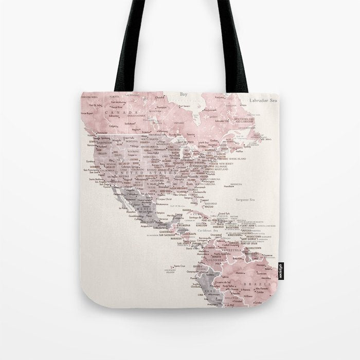 Dusty pink and cream watercolor detailed world map Madelia Tote Bag Gallery Image 1