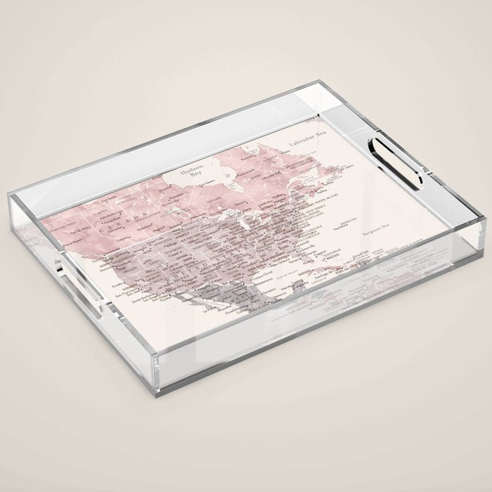 Dusty pink and cream watercolor detailed world map Madelia Acrylic Tray Gallery Image 1