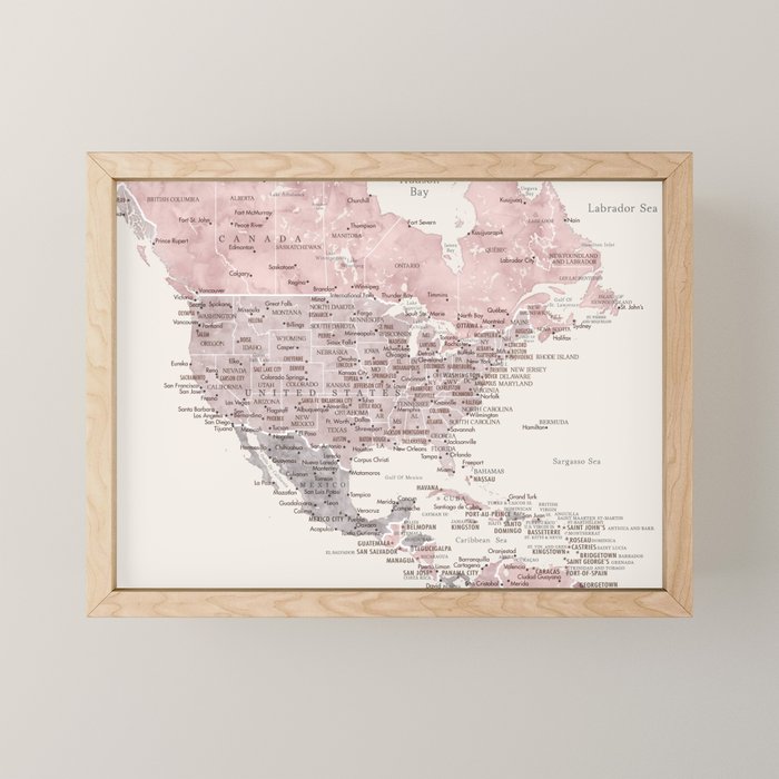 Dusty pink and cream watercolor detailed world map Madelia Mini Art Print Gallery Image 1