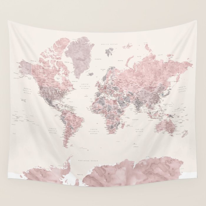 Dusty pink and cream watercolor detailed world map Madelia Wall Tapestry Gallery Image 1