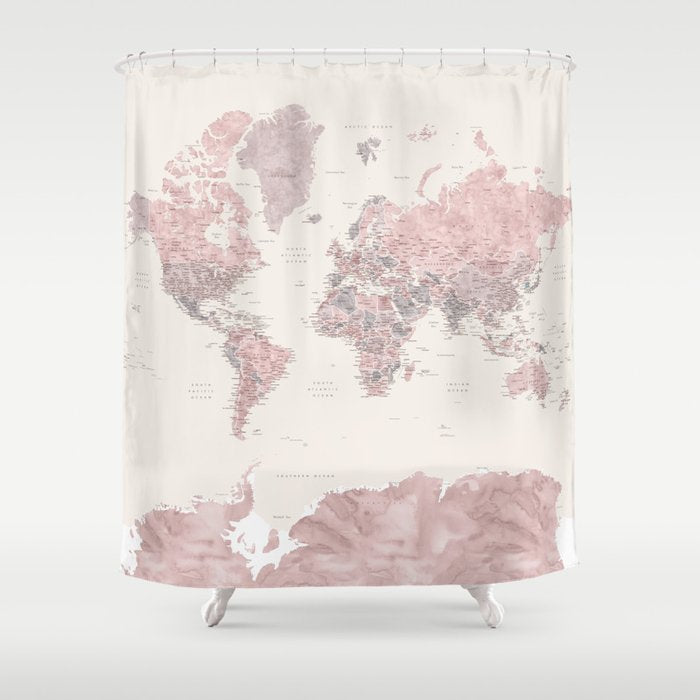 Dusty pink and cream watercolor detailed world map Madelia Shower Curtain Gallery Image 1