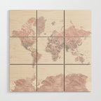 Dusty pink and cream watercolor detailed world map Madelia Wood Wall Art Gallery Image 1