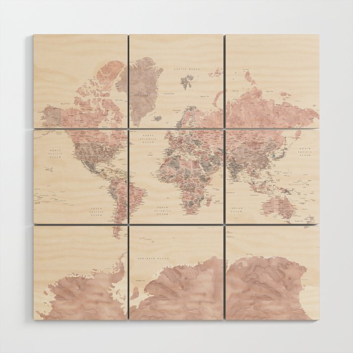 Dusty pink and cream watercolor detailed world map Madelia Wood Wall Art Gallery Image 1