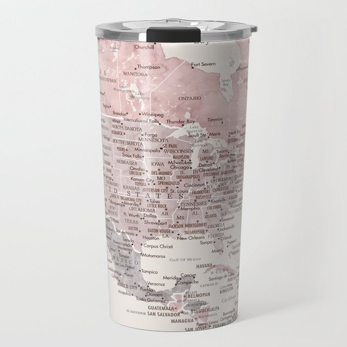 Dusty pink and cream watercolor detailed world map Madelia Travel Mug Gallery Image 1