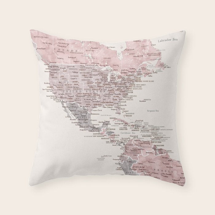 Dusty pink and cream watercolor detailed world map Madelia Throw Pillow Gallery Image 1