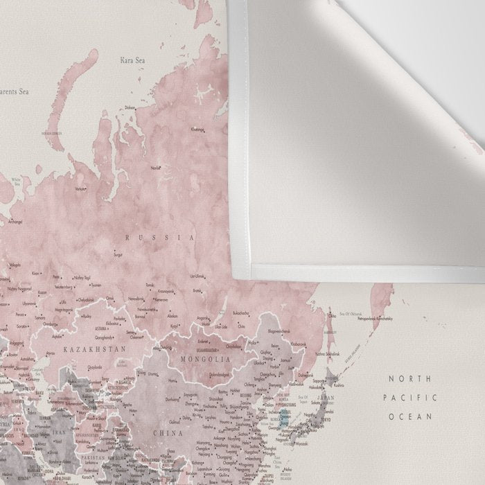 Dusty pink and cream watercolor detailed world map Madelia Wall Tapestry Gallery Image 3