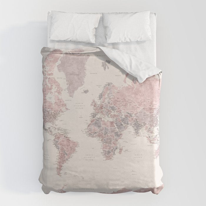 Dusty pink and cream watercolor detailed world map Madelia Duvet Cover Gallery Image 6
