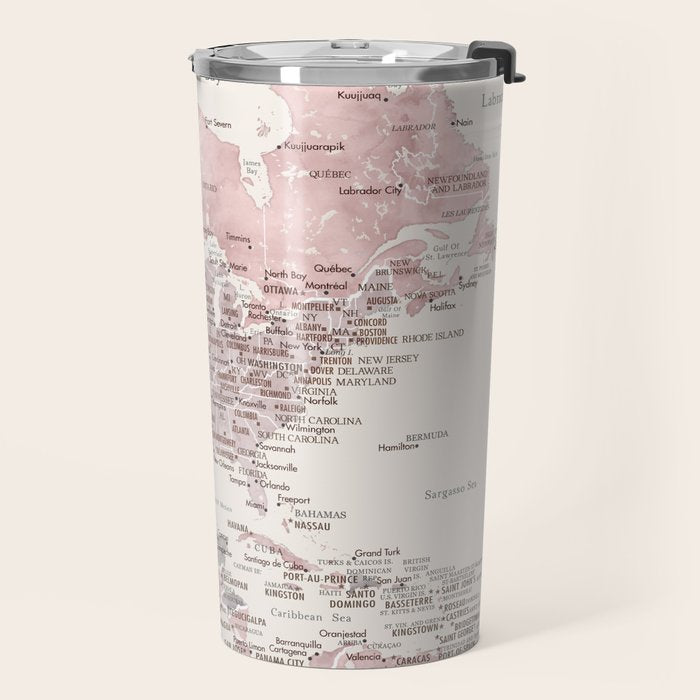 Dusty pink and cream watercolor detailed world map Madelia Travel Mug Gallery Image 2