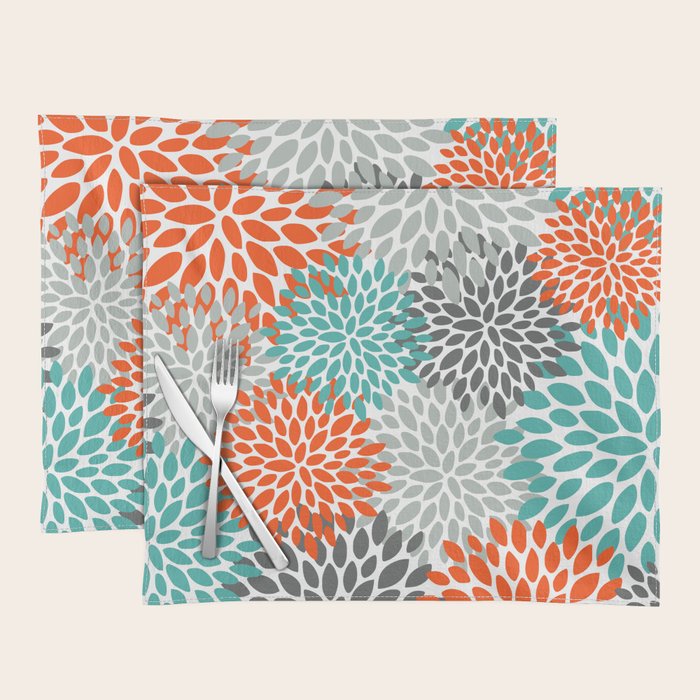 Floral Pattern, Abstract, Orange, Teal and Gray Placemat Gallery Image 1