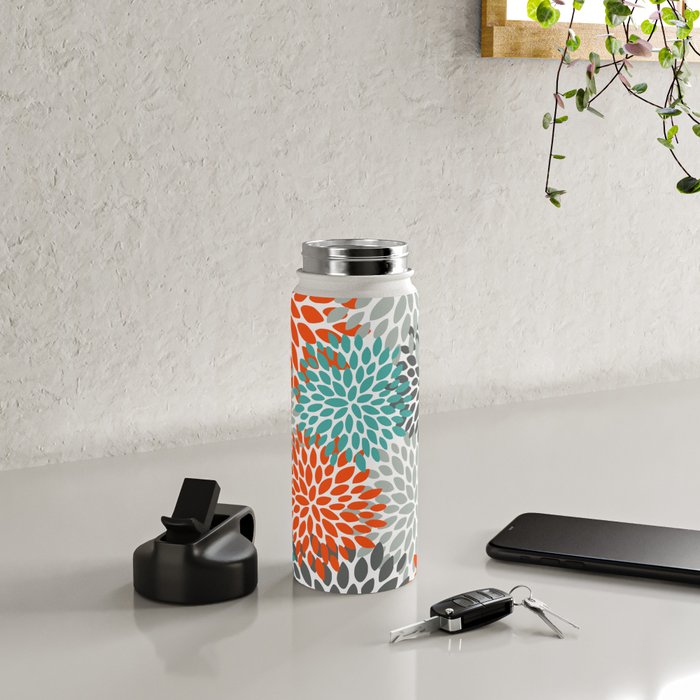 Floral Pattern, Abstract, Orange, Teal and Gray Water Bottle Gallery Image 4