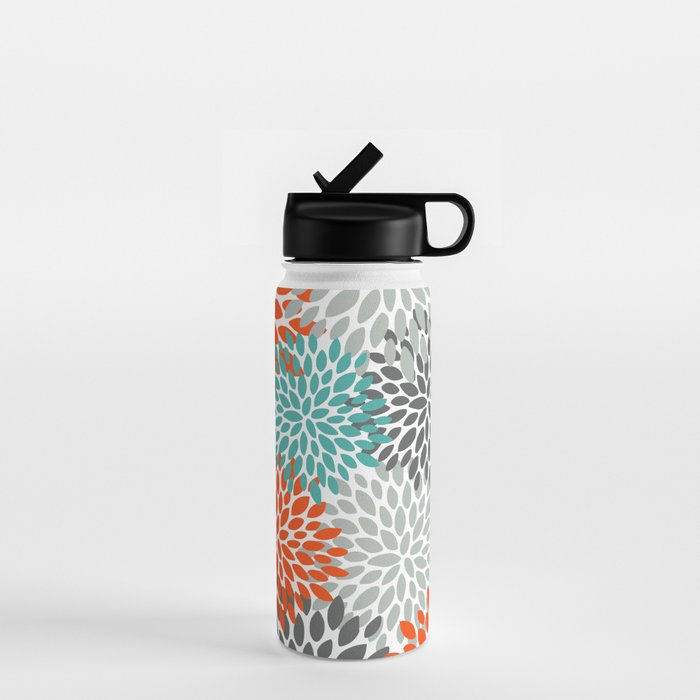 Floral Pattern, Abstract, Orange, Teal and Gray Water Bottle Gallery Image 1