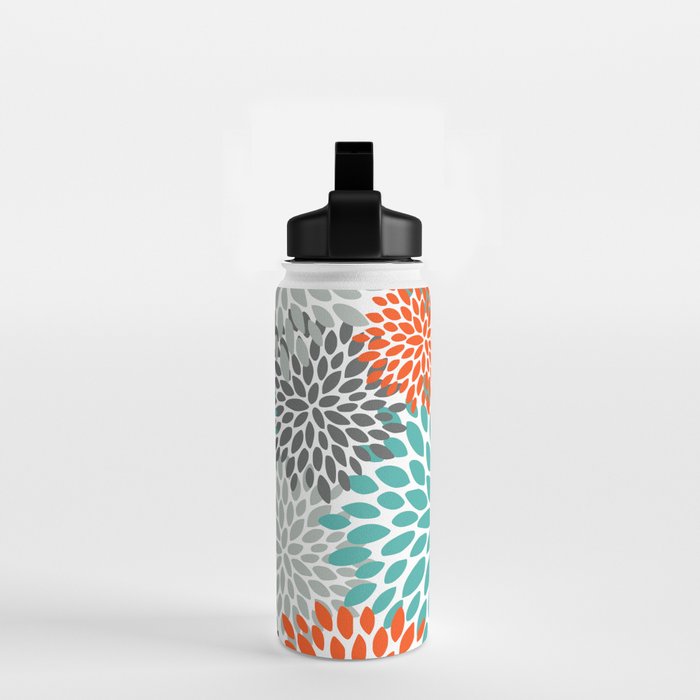 Floral Pattern, Abstract, Orange, Teal and Gray Water Bottle Gallery Image 2