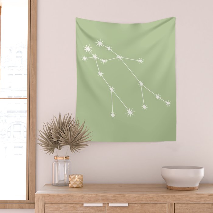 Gemini Zodiac Star Constellation Line Art Soft Green Wall Tapestry Gallery Image 2