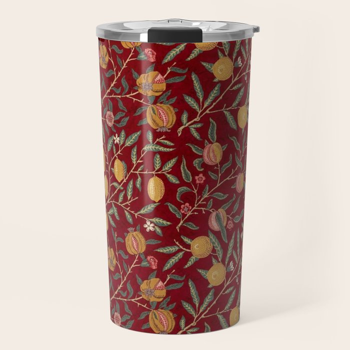 William Morris Vintage Pomegranate Fruit Red Madder Bayleaf Pattern Travel Mug Gallery Image 1