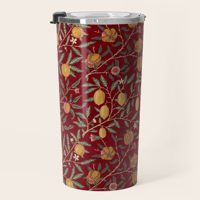 William Morris Vintage Pomegranate Fruit Red Madder Bayleaf Pattern Travel Mug Gallery Image 3