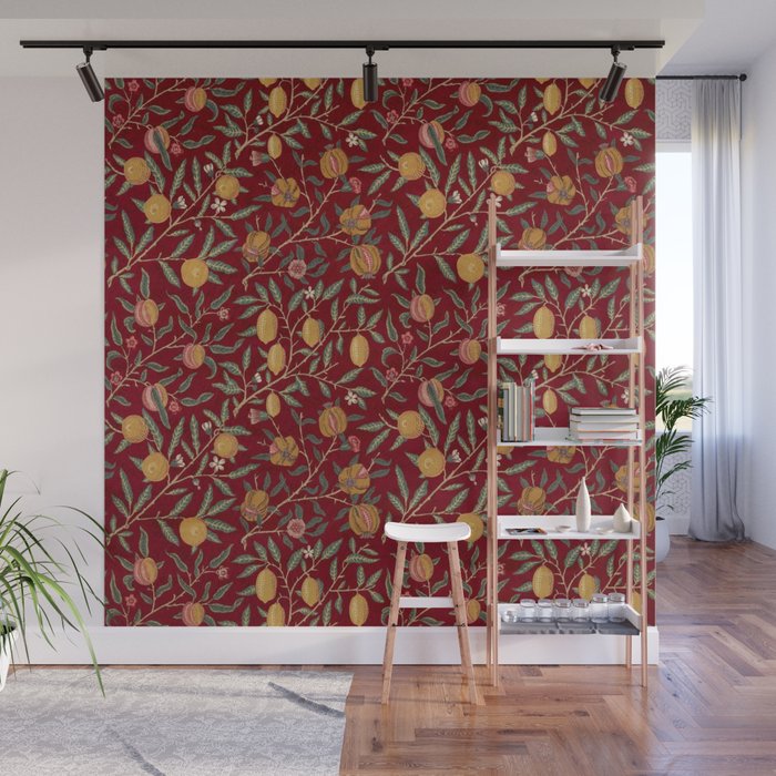 William Morris Vintage Pomegranate Fruit Red Madder Bayleaf Pattern Wall Mural Gallery Image 1