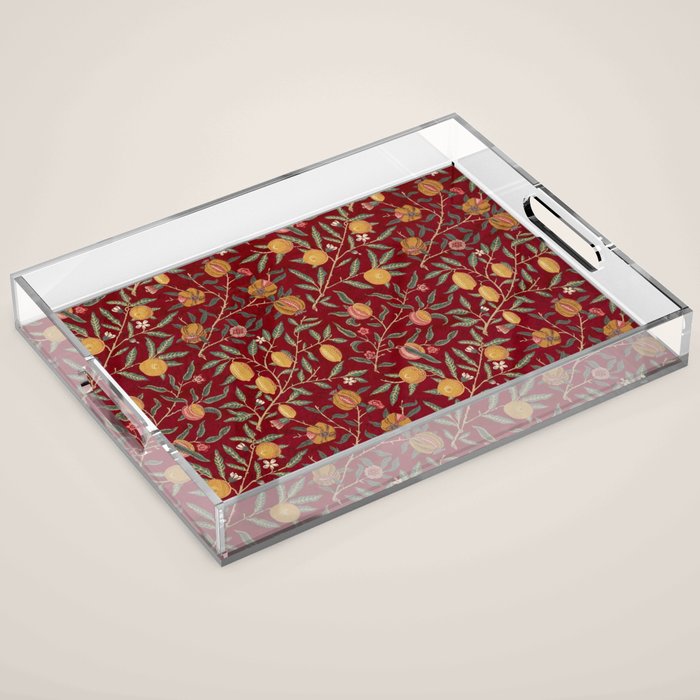 William Morris Vintage Pomegranate Fruit Red Madder Bayleaf Pattern Acrylic Tray Gallery Image 1