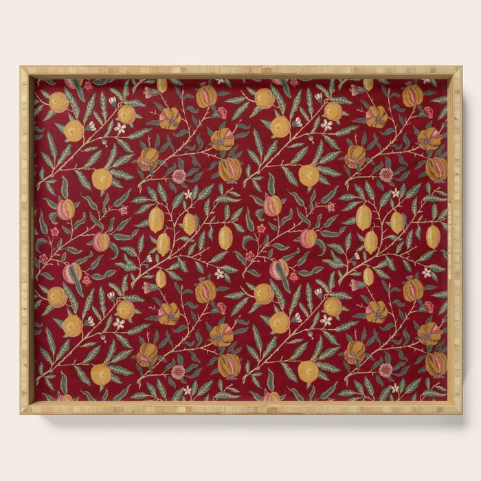 William Morris Vintage Pomegranate Fruit Red Madder Bayleaf Pattern Serving Tray Gallery Image 1