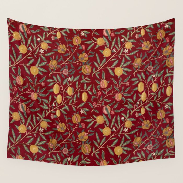 William Morris Vintage Pomegranate Fruit Red Madder Bayleaf Pattern Wall Tapestry Gallery Image 1
