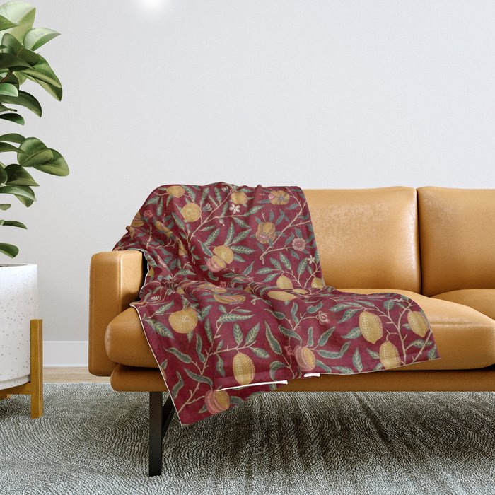 William Morris Vintage Pomegranate Fruit Red Madder Bayleaf Pattern Throw Blanket Gallery Image 1