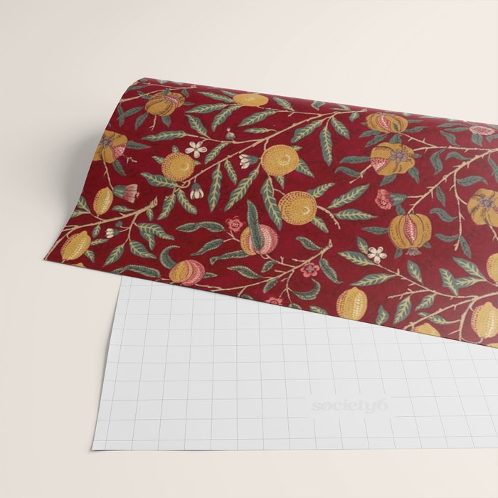 William Morris Vintage Pomegranate Fruit Red Madder Bayleaf Pattern Wrapping Paper Gallery Image 2