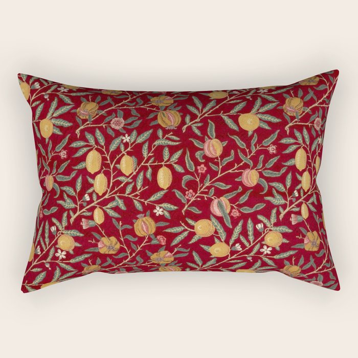 William Morris Vintage Pomegranate Fruit Red Madder Bayleaf Pattern Rectangular Pillow Gallery Image 2