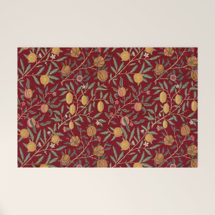 William Morris Vintage Pomegranate Fruit Red Madder Bayleaf Pattern Welcome Mat Gallery Image 1