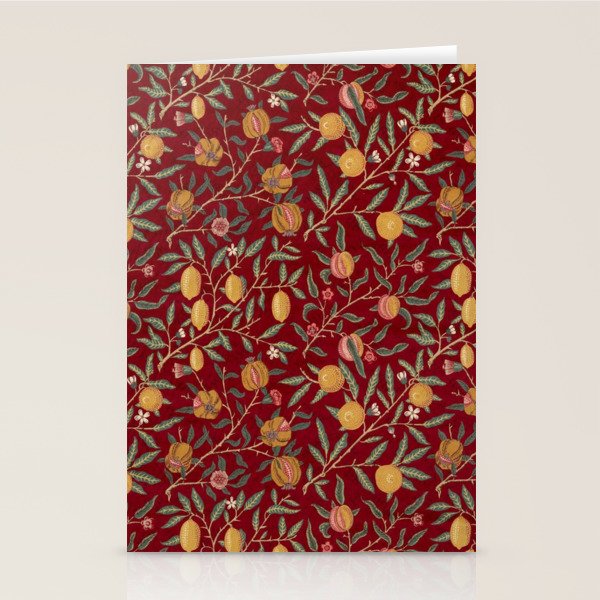 William Morris Vintage Pomegranate Fruit Red Madder Bayleaf Pattern Stationery Card Gallery Image 1