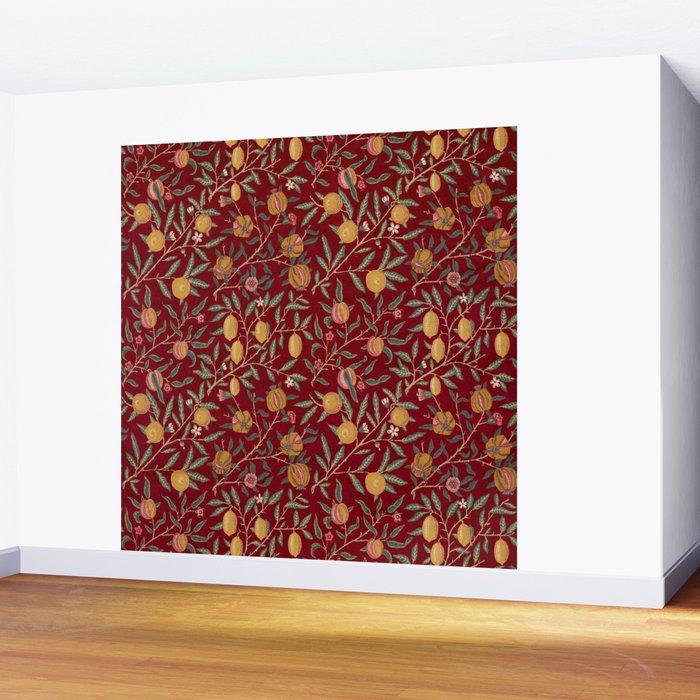 William Morris Vintage Pomegranate Fruit Red Madder Bayleaf Pattern Wall Mural Gallery Image 2
