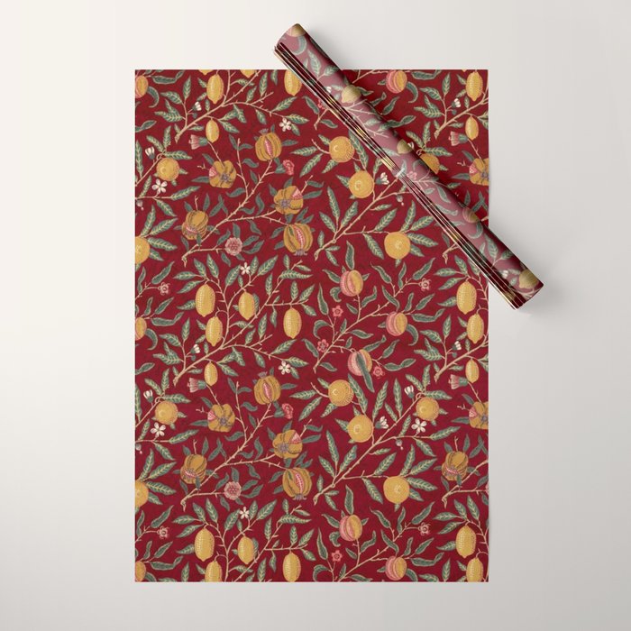 William Morris Vintage Pomegranate Fruit Red Madder Bayleaf Pattern Wrapping Paper Gallery Image 1