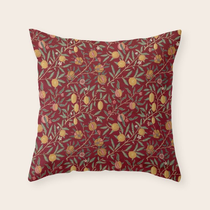 William Morris Vintage Pomegranate Fruit Red Madder Bayleaf Pattern Throw Pillow Gallery Image 6