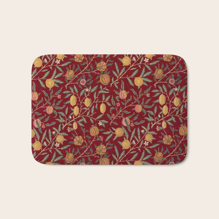 William Morris Vintage Pomegranate Fruit Red Madder Bayleaf Pattern Bath Mat Gallery Image 1