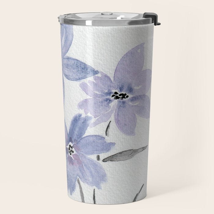 Watercolor Purple Flowers with Black Stems - Floral Custom Art Design Travel Mug Gallery Image 2