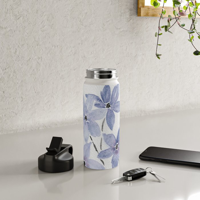 Watercolor Purple Flowers with Black Stems - Floral Custom Art Design Water Bottle Gallery Image 4