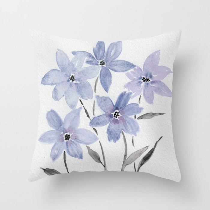 Watercolor Purple Flowers with Black Stems - Floral Custom Art Design Throw Pillow Gallery Image 1