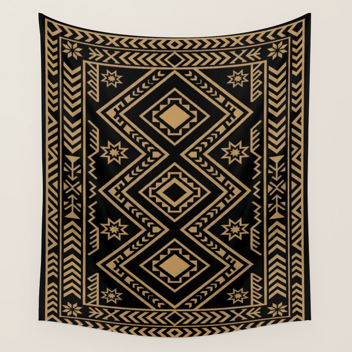 Intricate Gold and Black Tribal Surface Pattern Wall Tapestry Gallery Image 1