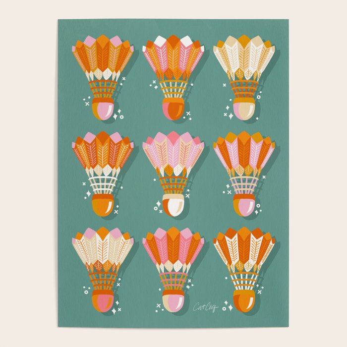 Badminton Birdies - Peach OmbrÃ© on Turquoise Poster Gallery Image 4