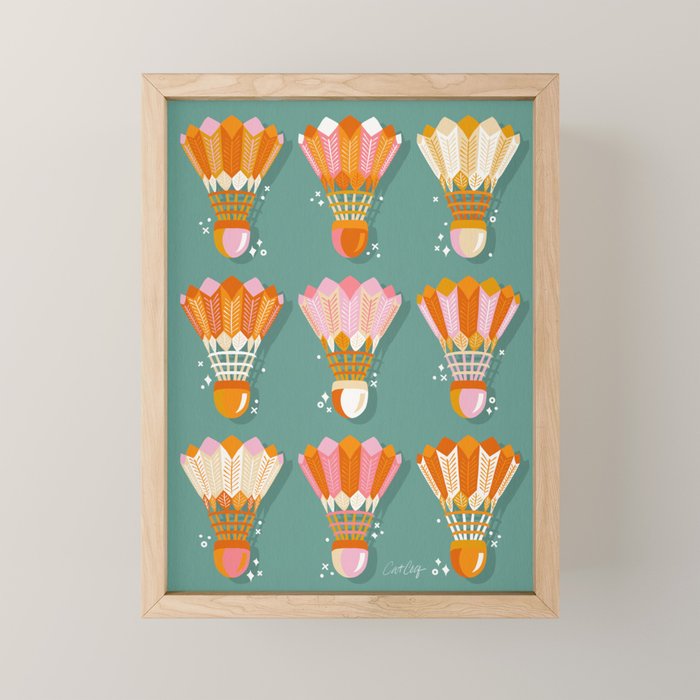 Badminton Birdies - Peach OmbrÃ© on Turquoise Mini Art Print Gallery Image 1