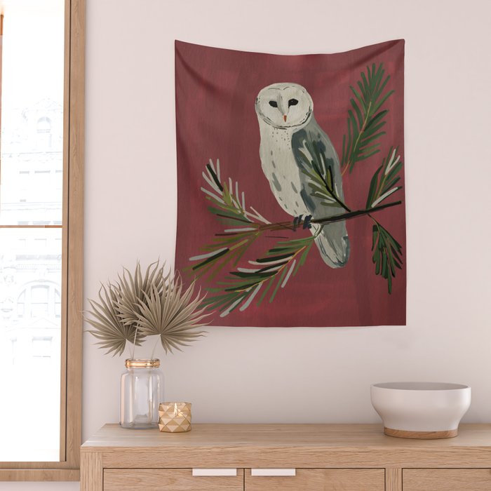 Owl on a Pine Branch Wall Tapestry Gallery Image 2