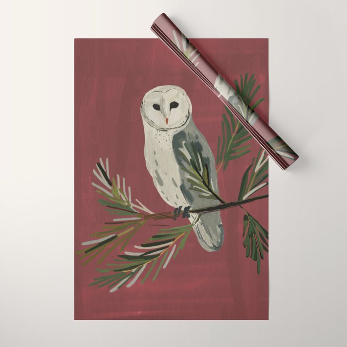 Owl on a Pine Branch Wrapping Paper Gallery Image 1