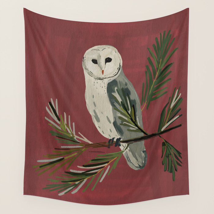 Owl on a Pine Branch Wall Tapestry Gallery Image 1