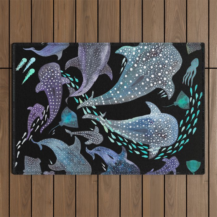 Whale Shark, Ray & Sea Creature Play Print, in Black Outdoor Rug Gallery Image 1