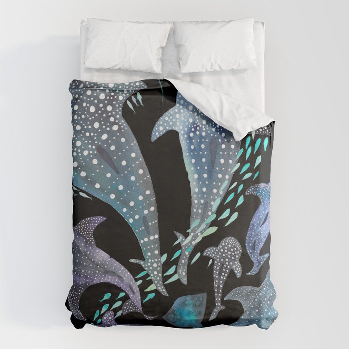 Whale Shark, Ray & Sea Creature Play Print, in Black Duvet Cover Gallery Image 1