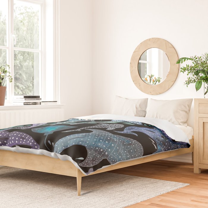 Whale Shark, Ray & Sea Creature Play Print, in Black Duvet Cover Gallery Image 2