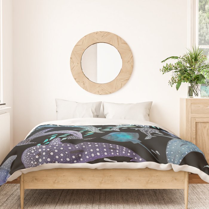 Whale Shark, Ray & Sea Creature Play Print, in Black Duvet Cover Gallery Image 3